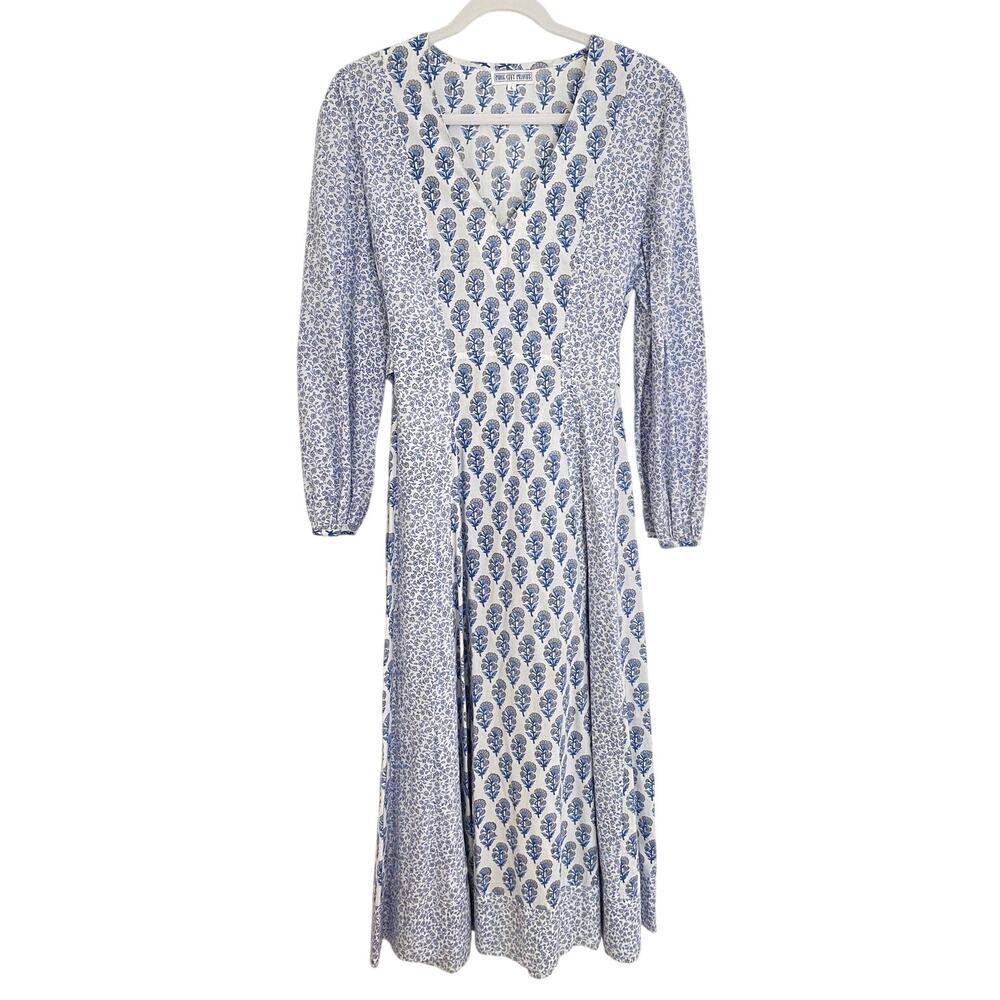 Pink City Prints Tuckernuck Bahama Midi Dress Sky Blossom Blue White Tie Waist L - Picture 6 of 11